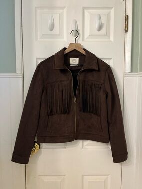 Stoosh Chocolate Brown Suede Fringe Zip Jacket